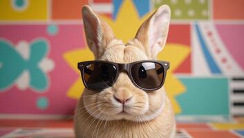 Colorful backdrop features a chic rabbit donning shades photo