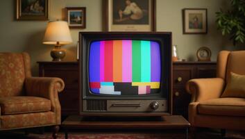 A vintagestyle television displaying color bars within a warm retro living room setting photo