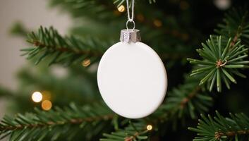 White ceramic circle ornament hanging on Christmas tree photo