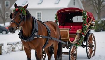 A wreathedhorse pulls a festivelydecorated carriage for a holiday scene photo