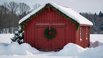 Rustic barn adorned with Christmas wreath lit up on a snowy field during wintertime photo