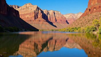 Bright sunlit day at Lees Ferry showcases the peaceful Colorado River flowing amidst Grand Canyons colorful cliffs photo