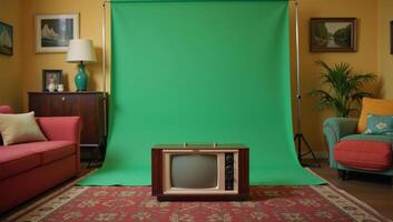A vintage television set is featured against the backdrop of a cozy retro living room showcasing a vibrant green screen effect photo