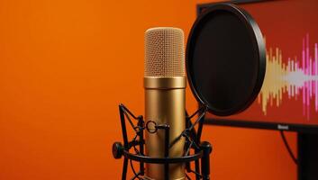 Golden mic and pop filter set up against sound waves on vivid orange backdrop professional recording setup photo