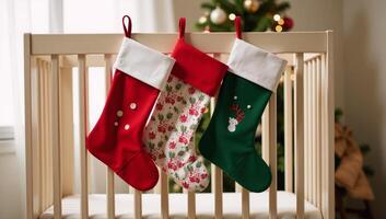 Cozy nursery scene features three Christmas stockings hanging from a crib with a soft glow from a nearby Christmas tree photo