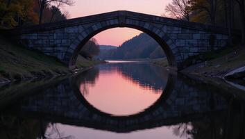 Stone bridge illuminated by soft pink light reflected on tranquil waters during twilight photo