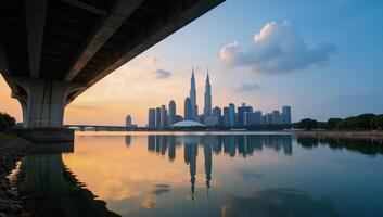 City skyline reflects peacefully on tranquil waters under a bridge with an orangeblue sunset sky photo