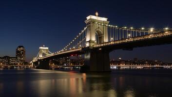Cityscape featuring iconic bridge at night with shimmering reflections photo