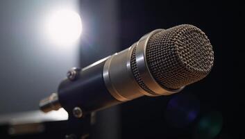 Closeup shot of microphone in recording studio setting photo