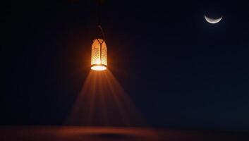 Lantern floats in night sky before crescent moon photo