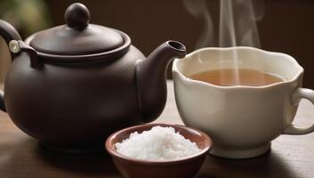 A cup of tea and sugary delights set beside an intricate teapot photo