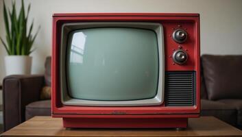 Living Room Scene Red Vintage Television Set on Couch with Plant Backdrop Retro photo