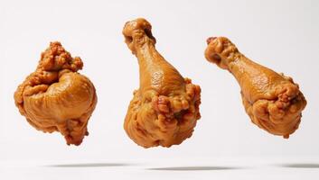 Isolated fried chicken legs suspended midair against a pure white backdrop photo