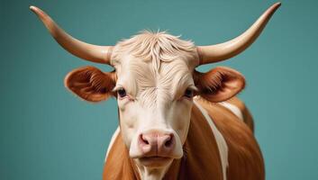 Vibrant portrait depicting a cow adorned with a pair of horns photo