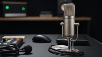 Closeup shot of podcasters highquality microphone in a sound recording studio photo