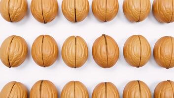 White background displays symmetrical and intact walnut halves photo