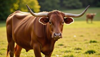 A detailed portrait featuring an Angus cow with distinctive features face horns and life stage calfsteerbull in a pastoral setting created using advanced technology photo