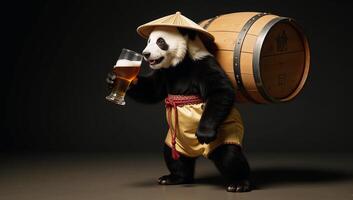 A humorous scene featuring a panda donning traditional clothing enjoying a drink beer and snack barrel of rice photo