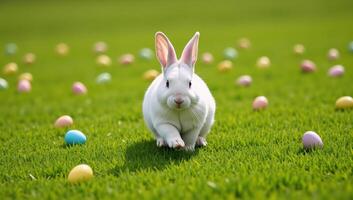White rabbit sprinting through a colorful Easter eggstrewn meadow photo