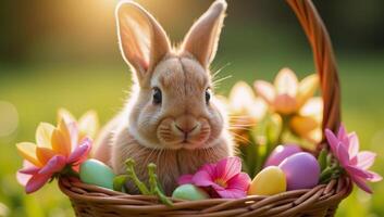 A digital illustration portraying an adorable Easter Bunny carrying a bouquet of blooming flowers photo