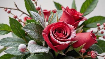 Watercolor winter bouquet featuring festive foliage flowers and berries photo