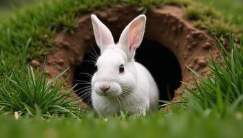 Rabbit exits burrow entrance photo
