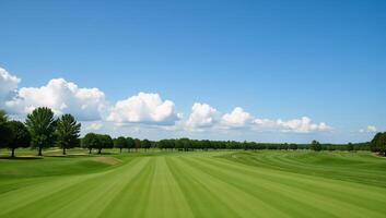 A picturesque golf course scene features lush green fairways under a clear blue sky photo