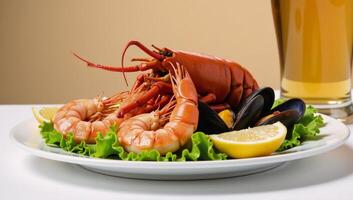 An appetizing seafood platter featuring shrimp mussels and lobster accompanied by lemon and a glass of beer photo