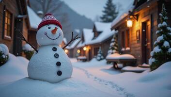 Cheerful snowman near litup winter village photo