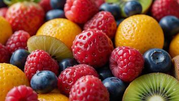 A dynamic depiction of fruit splashing in water droplets photo