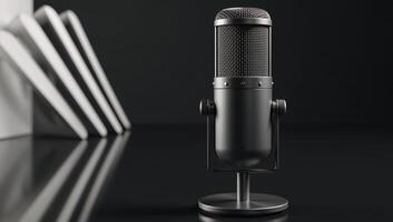 A podcaststyle microphone is placed against a 3D rendered backdrop photo