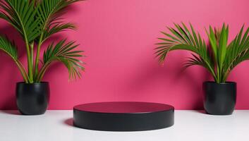 Glossy black 3D podium amidst tropical palms against a vibrant pink backdrop photo