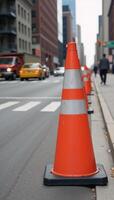 Orange traffic cones mark a bustling scene of street workinprogress with a blurred backdrop of ongoing construction photo