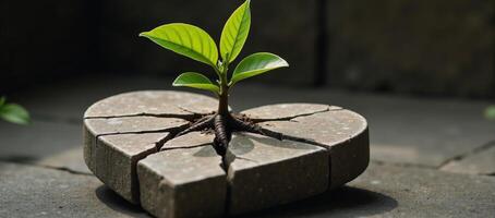 Tree with roots cracking through symbolic heart signifying emotional healing through introspective growth photo