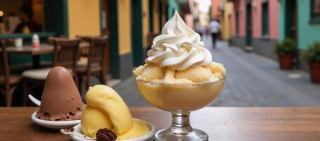 Creamy pearflavored Italian ice served in a sundae dish accompanied by dual cones filled with cocoa and lemon flavors at a vibrant gelato shop photo