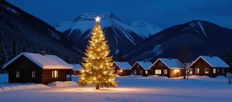 A serene snowcovered village showcasing a grand Christmas tree with twinkling lights against a mountainous backdrop beneath a tranquil night sky photo
