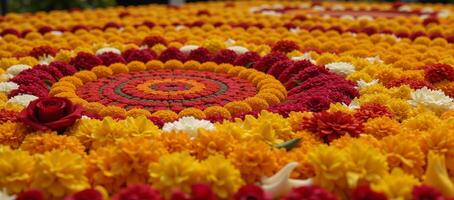 A detailed closeup image showcasing a traditional Onam Pookalam floral carpet photo