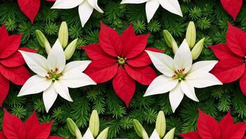 A cheerful festive blend of poinsettias lilies lush greenery and sparkling decorations in a seamless pattern photo