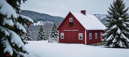 Wintery rustic barn scene embellished with holiday decorations amidst snowcovered pine trees rolling hills photo