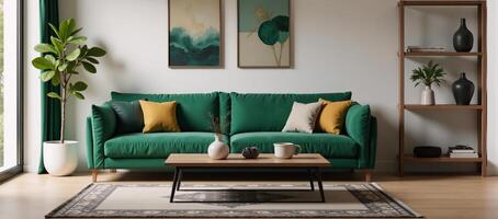 A 3D rendering showcasing a stylish home interior featuring a green sofa table and decor in a modern living space photo