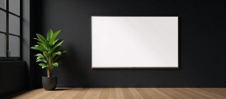A 3D rendered mockup showcases a perspective view of a glowing television screen against a dark backdrop complete with space for logostext and a green plant resting on the wooden floor beneath it in a photo