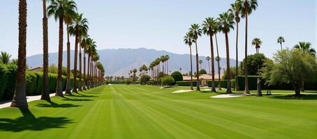 Picturesque golf course featuring palm trees and lush green lawn in Palm Springs photo