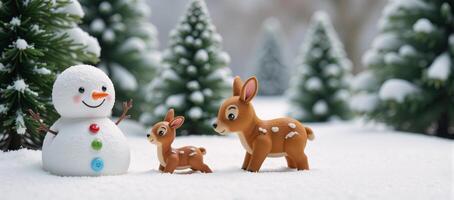 Whimsical winter wonderland illustration featuring snowman deer and rabbits photo