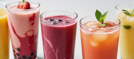 Indulge in summers refreshments vividhued smoothies cooling bubble teas in crystalclear cups photo