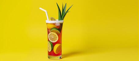 A vibrant tropicalinspired cocktail with lemon and palm leaves against a sunny yellow backdrop photo