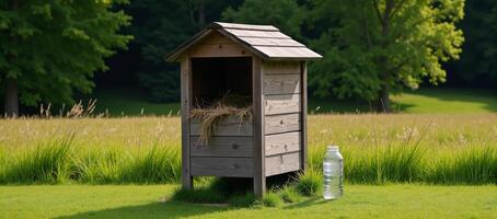 A rustic wooden calf hutch filled with fresh hay and water is situated amidst a lush green pasture bordered by mature vegetation photo