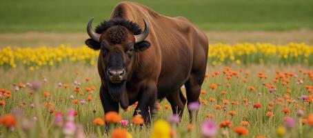 Buffalo in flowerfilled field photo