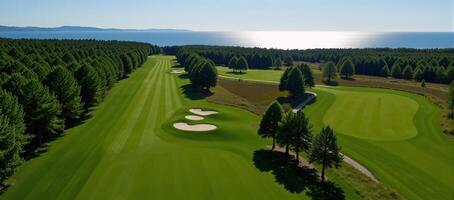 Topdown perspective of a lush picturesque summertime golf course setting photo