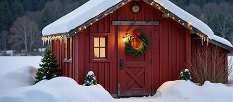 Rustic barn adorned with Christmas wreath lit up on a snowy field during wintertime photo