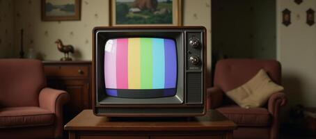 A vintagestyle television displaying color bars within a warm retro living room setting photo